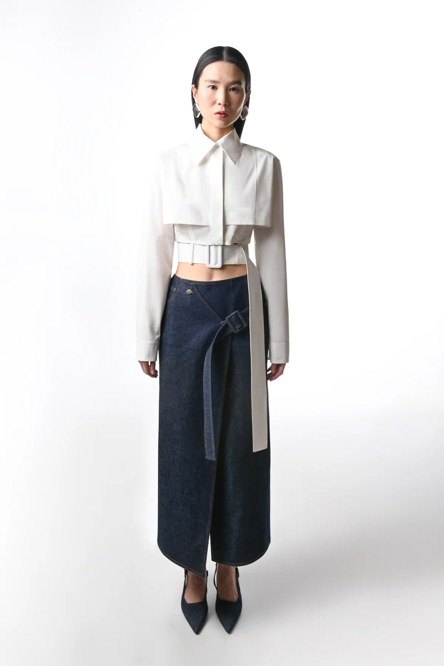 Denim Diagonal Belt Skirt
