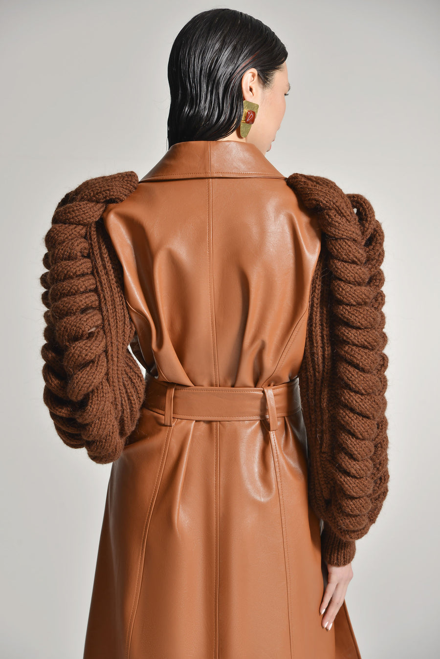 Faux Leather Coat With Knitted Sleeves