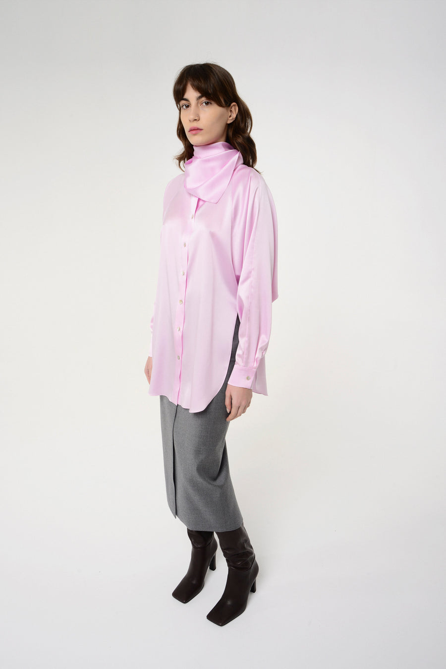 Pink Silk Detachable Scarf Shirt