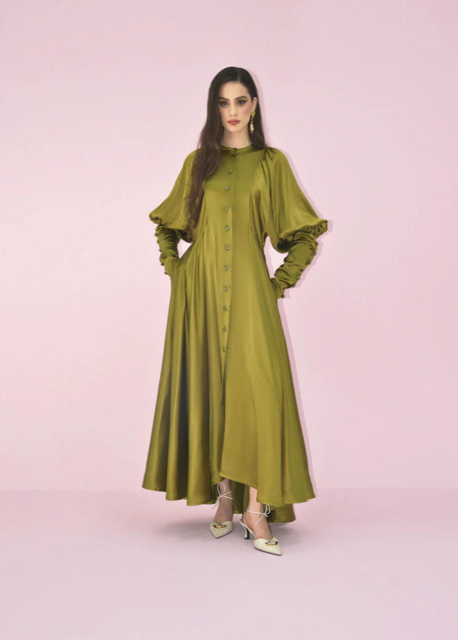 khaki silk dress Maya Pleated Silk Dress