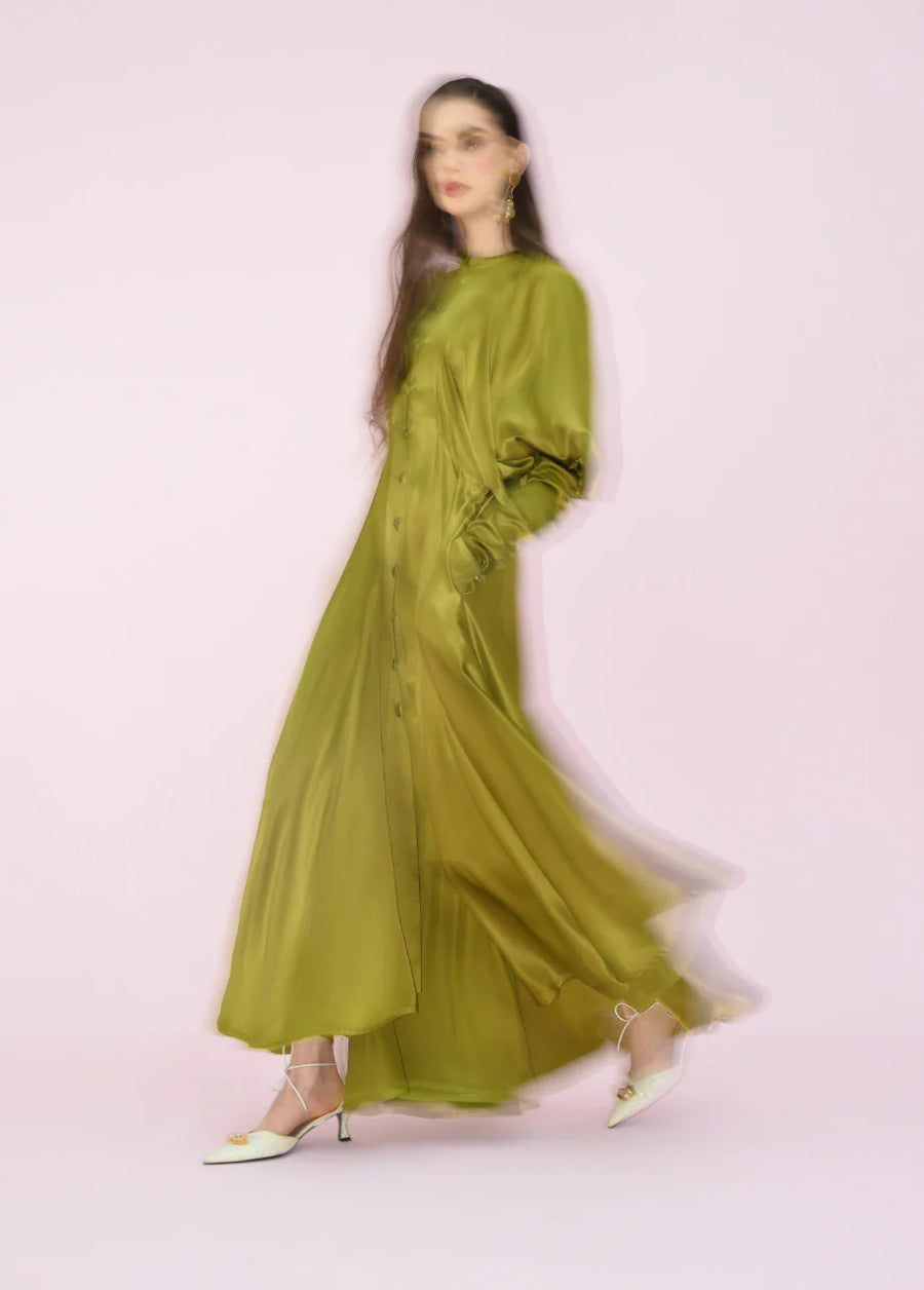 khaki silk dress Gina Tricot satin v neck shape maxi dress in khaki green