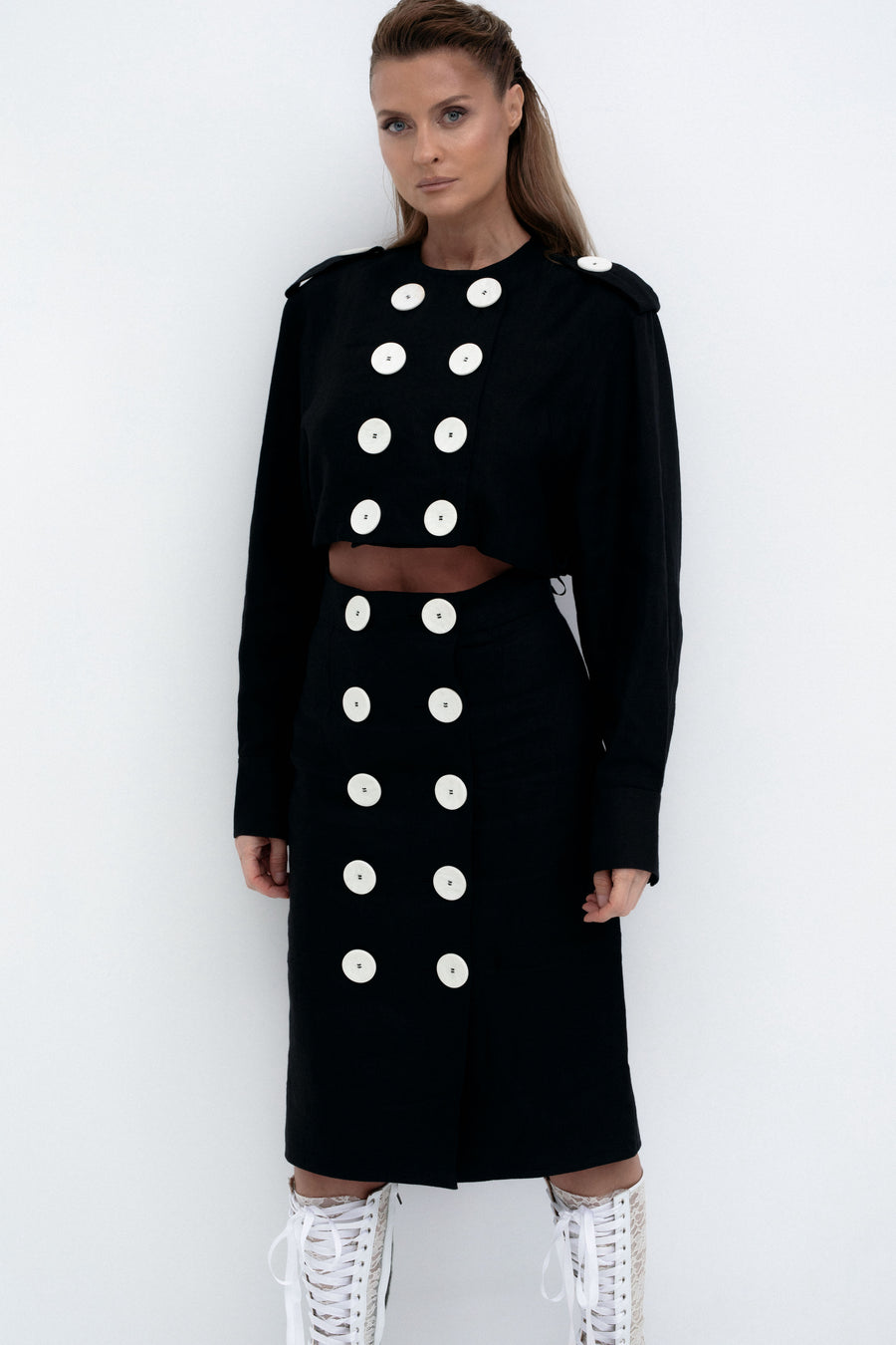 Button-Embellished Midi Skirt