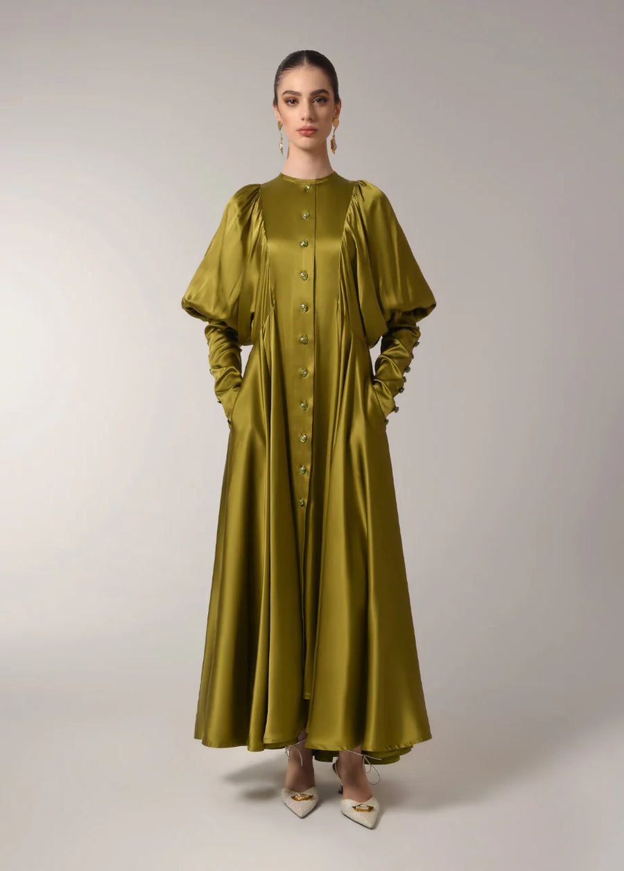 khaki silk dress Women's Bliss A-line Asymmetric Sleeved Khaki Silk Ankle Length Dress XS/S/M/L/XL/Customize Brown MEAN BLVD Brown / S