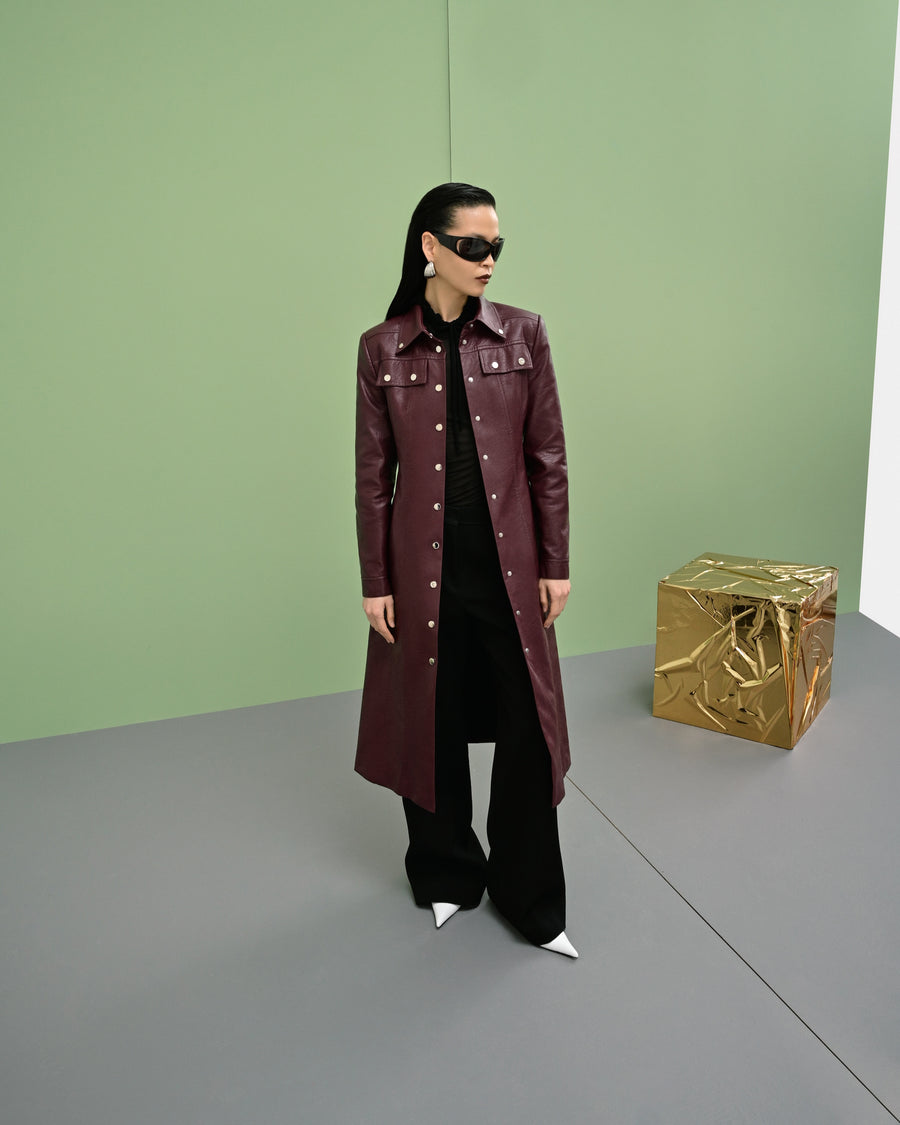 Shalom Burgundy Faux Leather Trench Coat