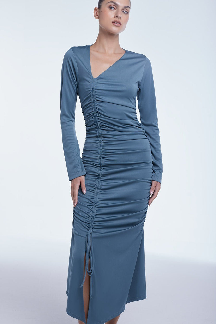 Modal Ruched Asymmetric Midi Dress Chocolate / M