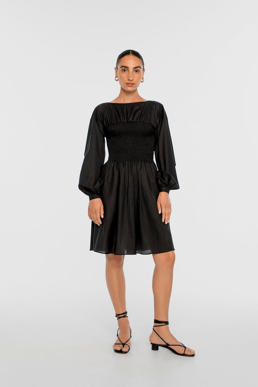 Smocked Cupro Mini Dress - dāl the label-Black