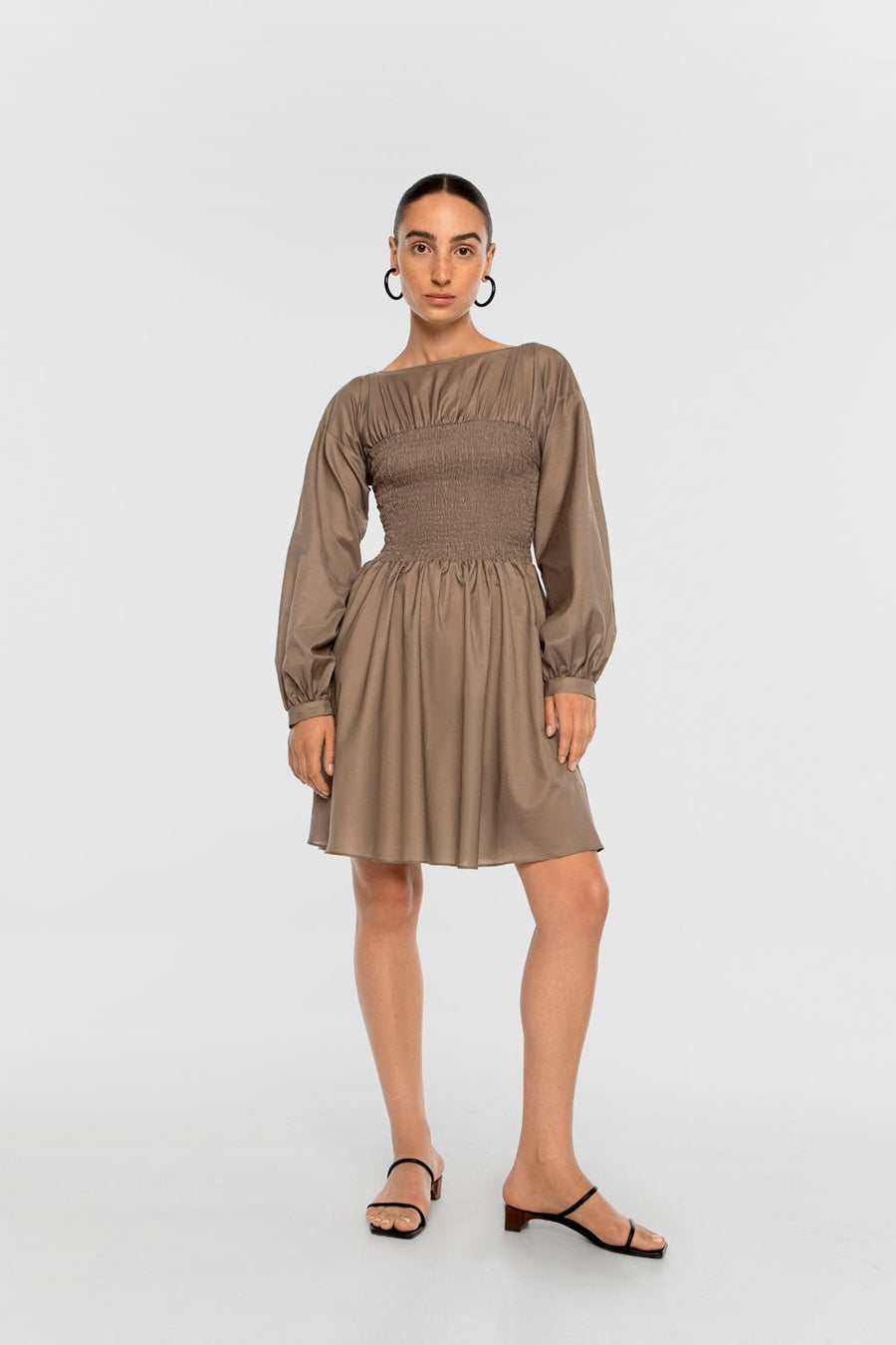 Smocked Cupro Mini Dress - dāl the label-Taupe