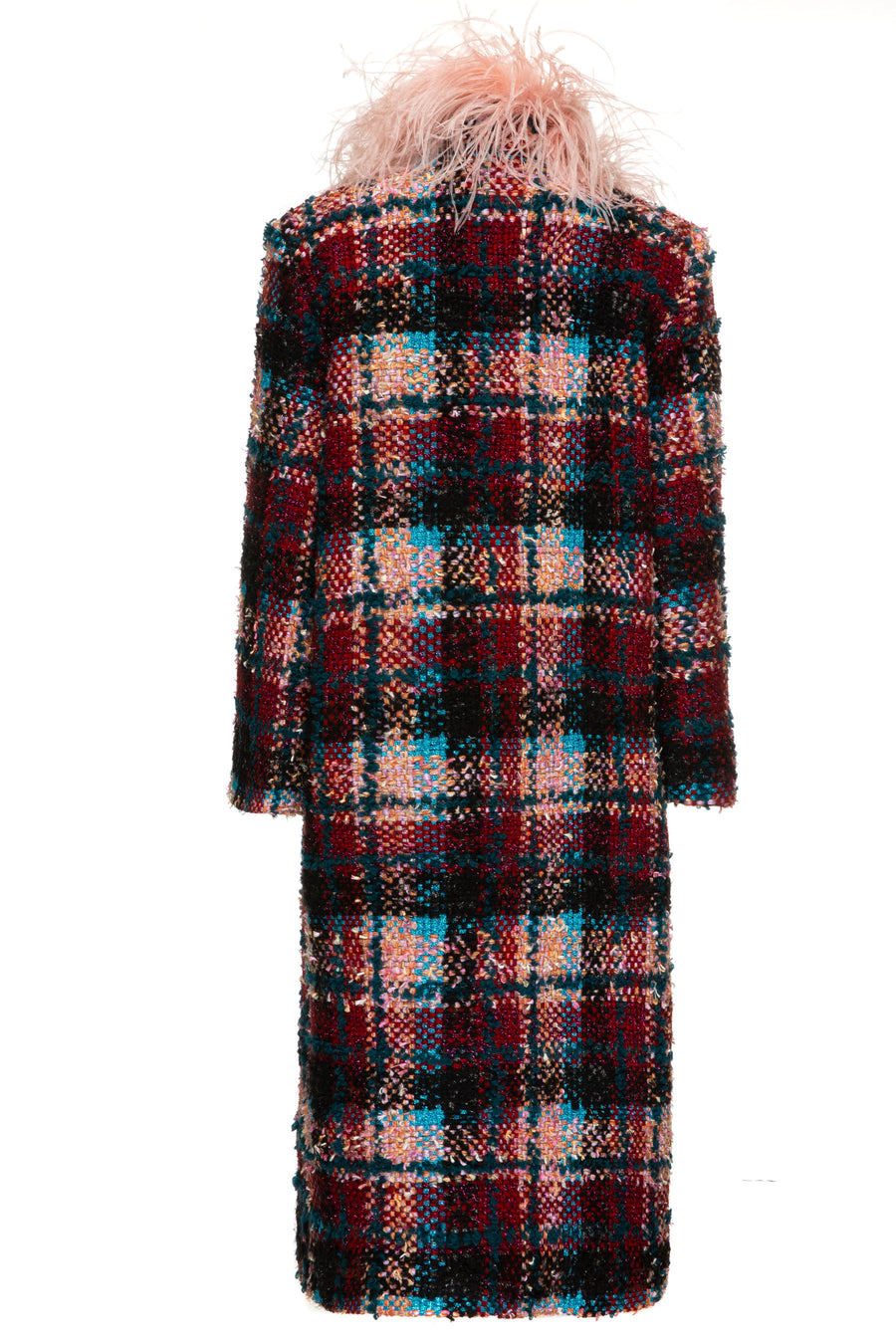 Feather-Trimmed Checked Coat