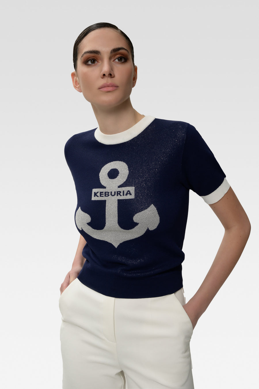 Metallic Knit Top With Anchor