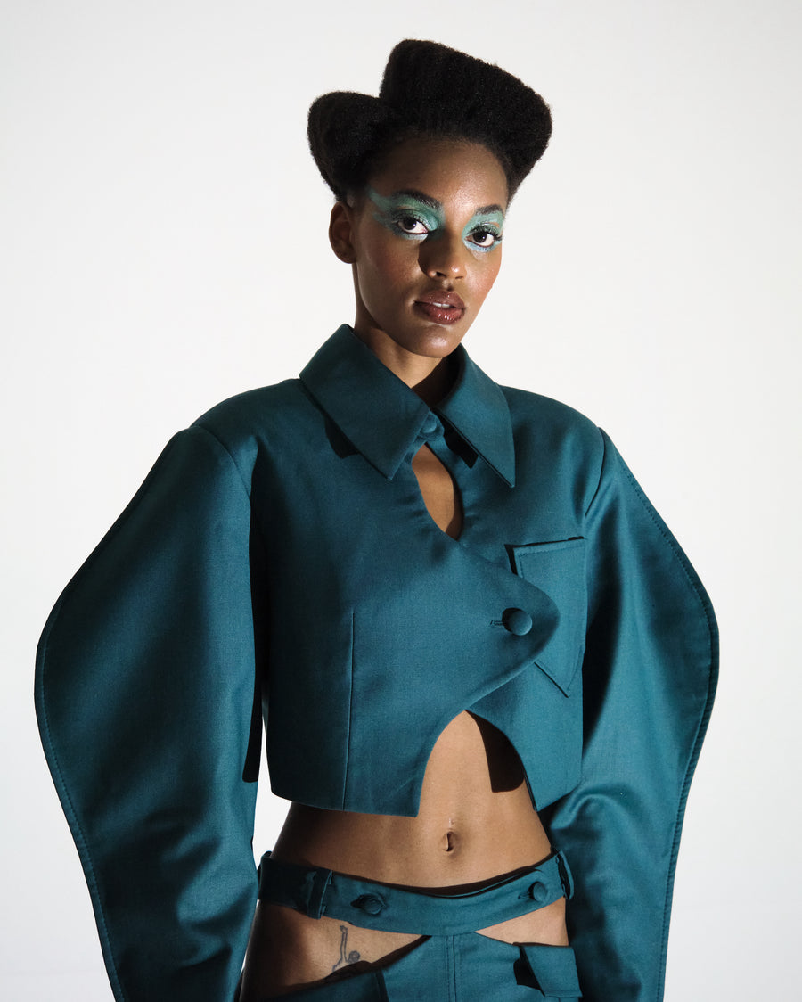 Green Puff Sleeve Cropped Jacket