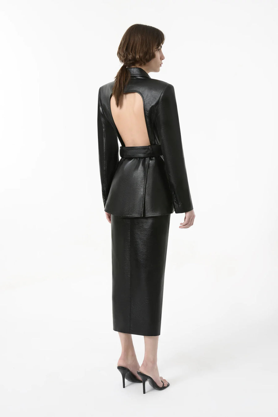 Eco Leather Open Back Belted Blazer
