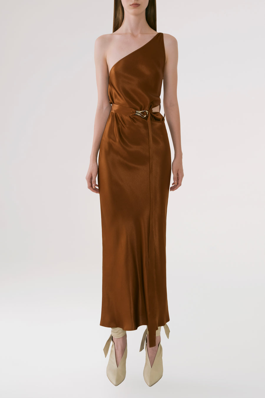 One Shoulder Satin Brown Dress