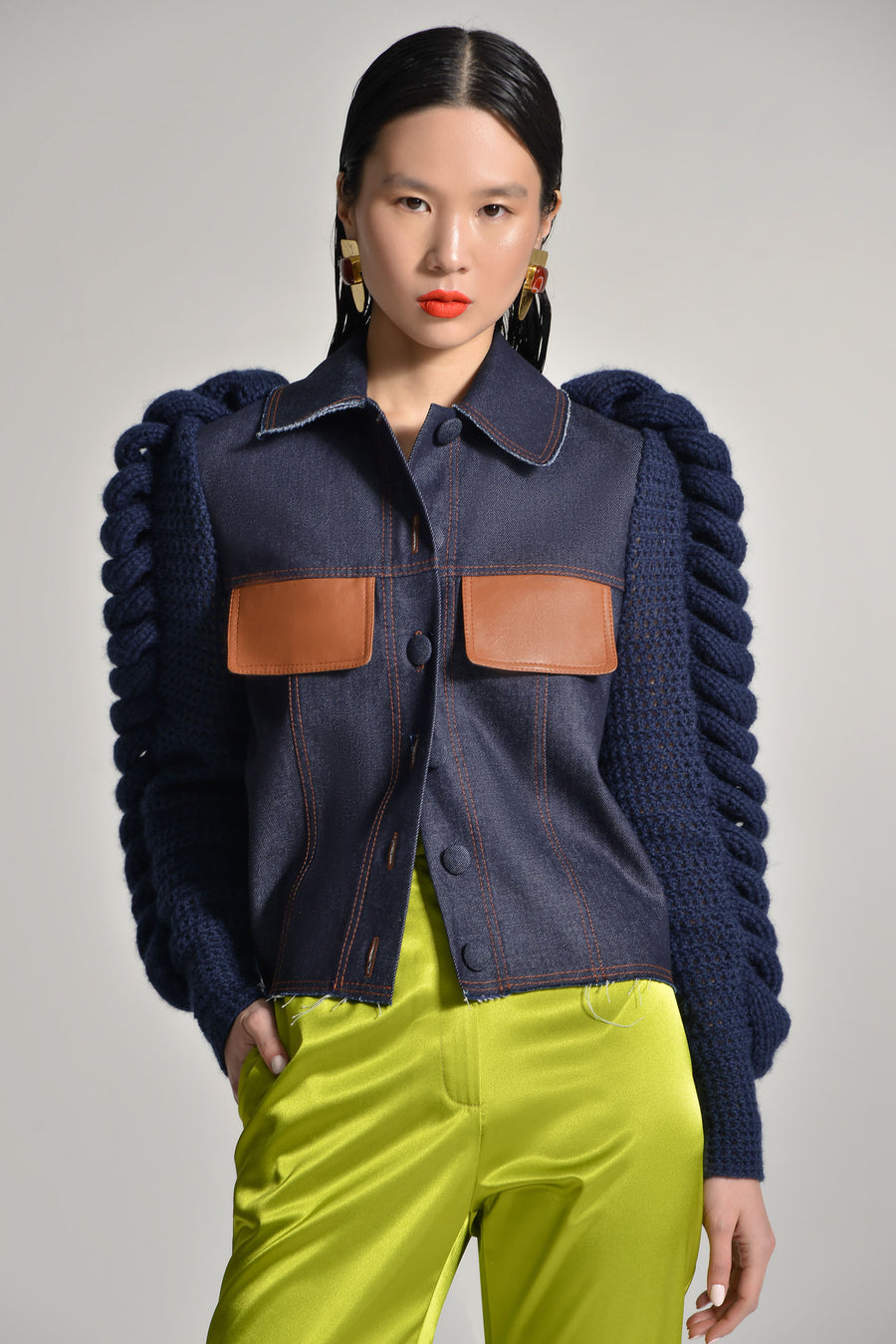 Denim Blazer With Knitted Sleeves