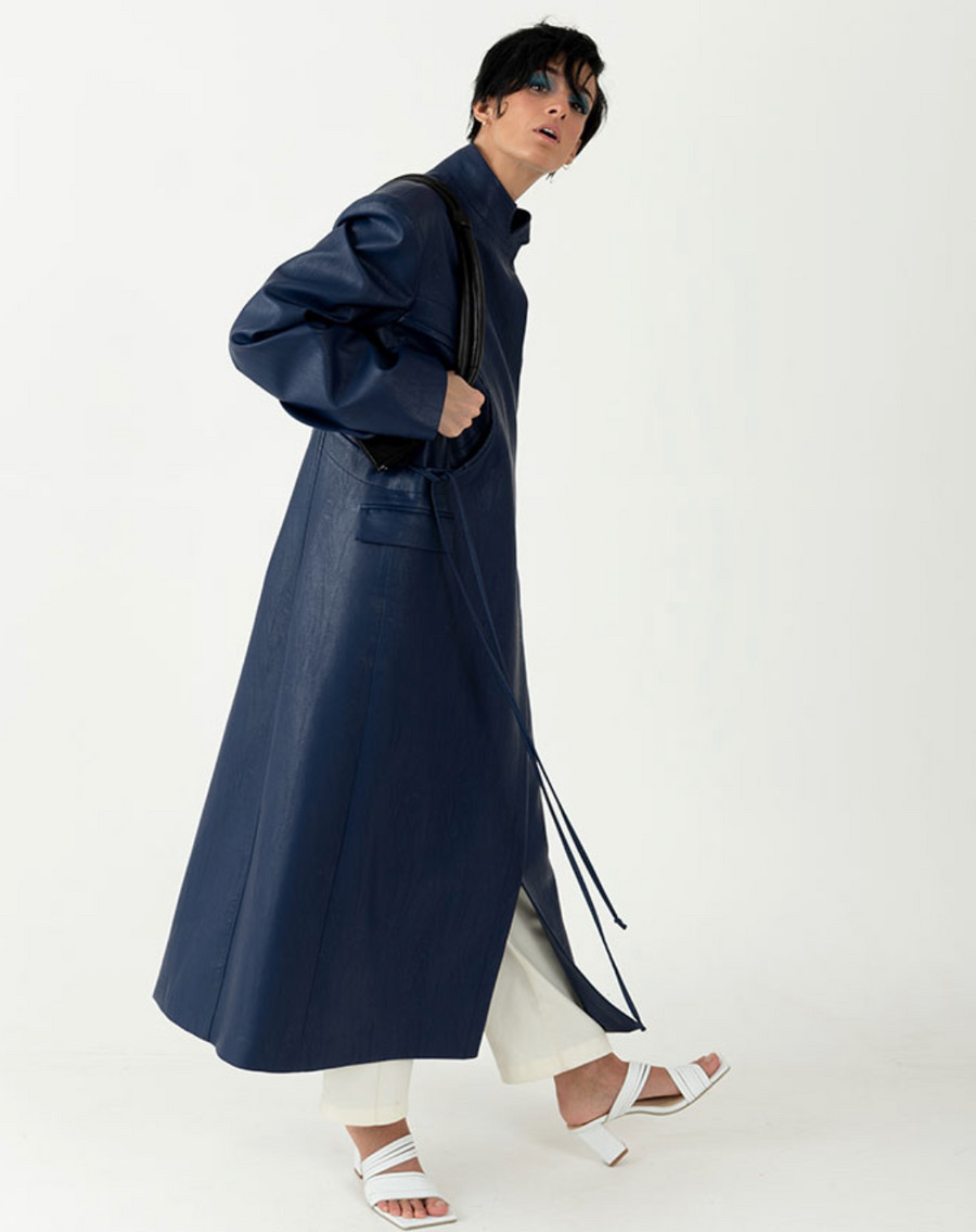 Blue Faux Leather Trench Coat